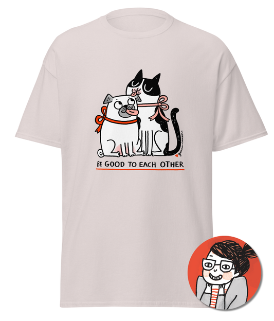 “Be good to each other” cat and dog t-shirt by Gemma Correll | Charity t-shirt for animal lovers