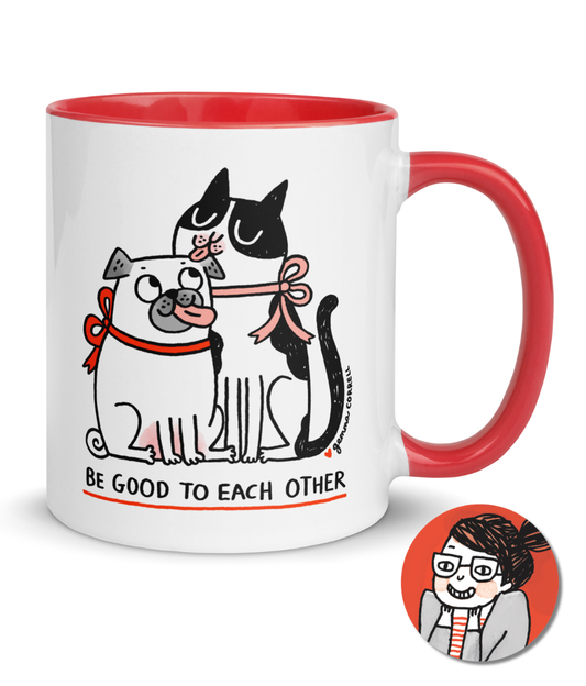 “Be good to each other” dog and cat mug by Gemma Correll | Charity mug for animal lovers