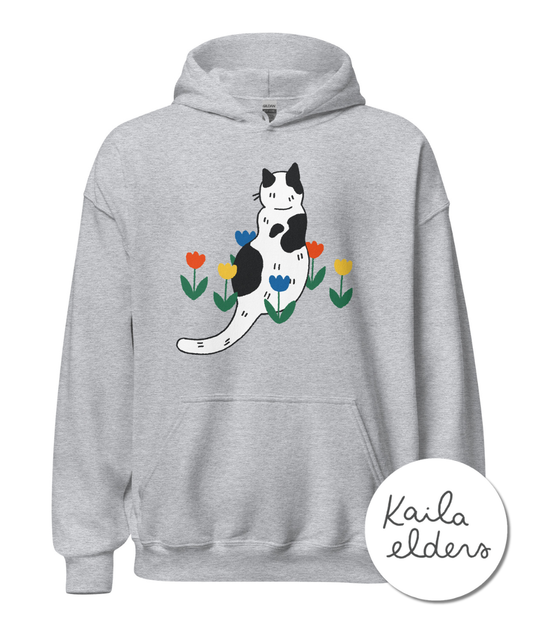 “In the Garden” cat hoodie by Kaila Elders | Charity hoodie for animal lovers