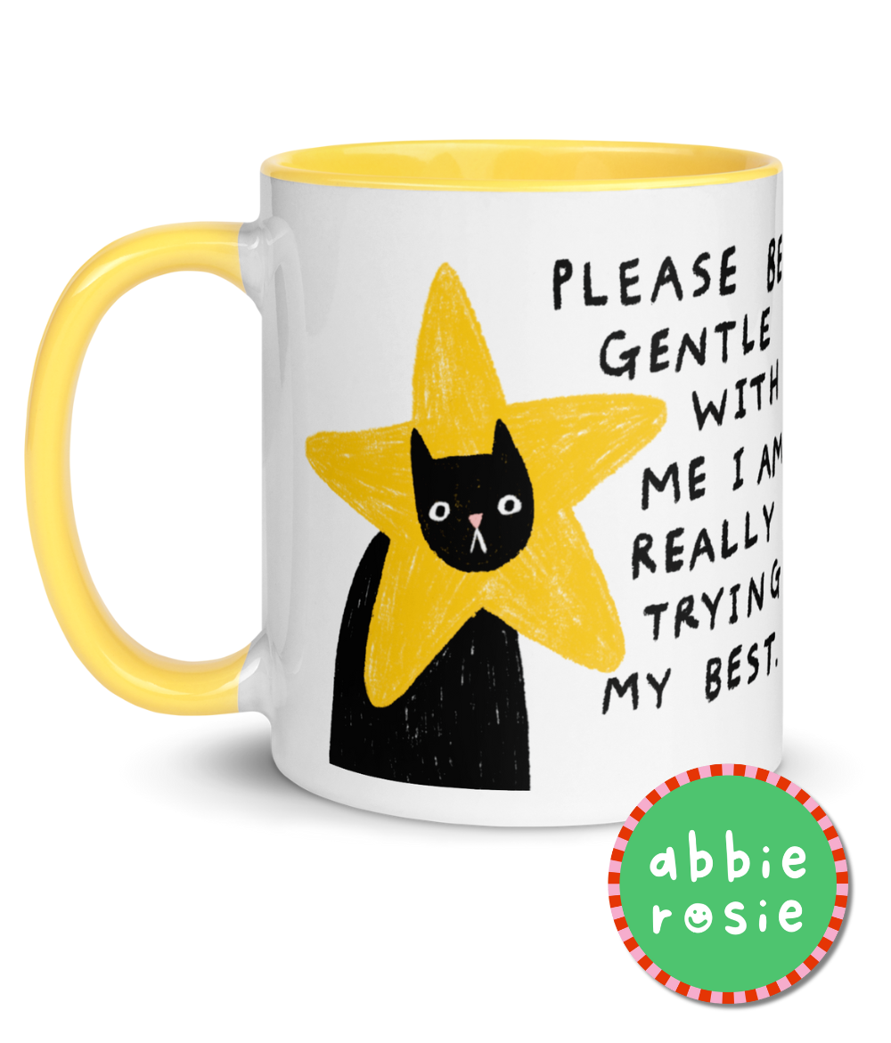 “Please be gentle with me” cat mug by Abbie Rosie | Charity mug for animal lovers
