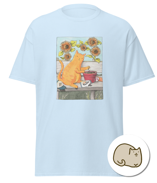“Sunflower Daydreams” cat t-shirt by Lavender Cats | Charity t-shirt for animal lovers