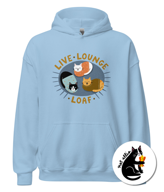 “Live, Lounge, Loaf” cat hoodie by Nat Ellis | Charity hoodie for animal lovers