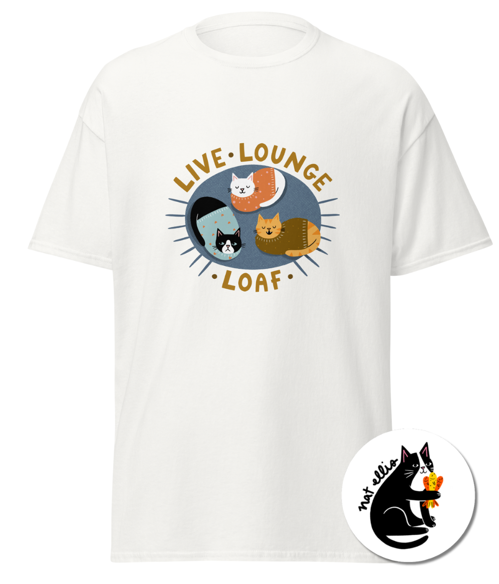 “Live, Lounge, Loaf” cat t-shirt by Nat Ellis | Charity t-shirt for animal lovers