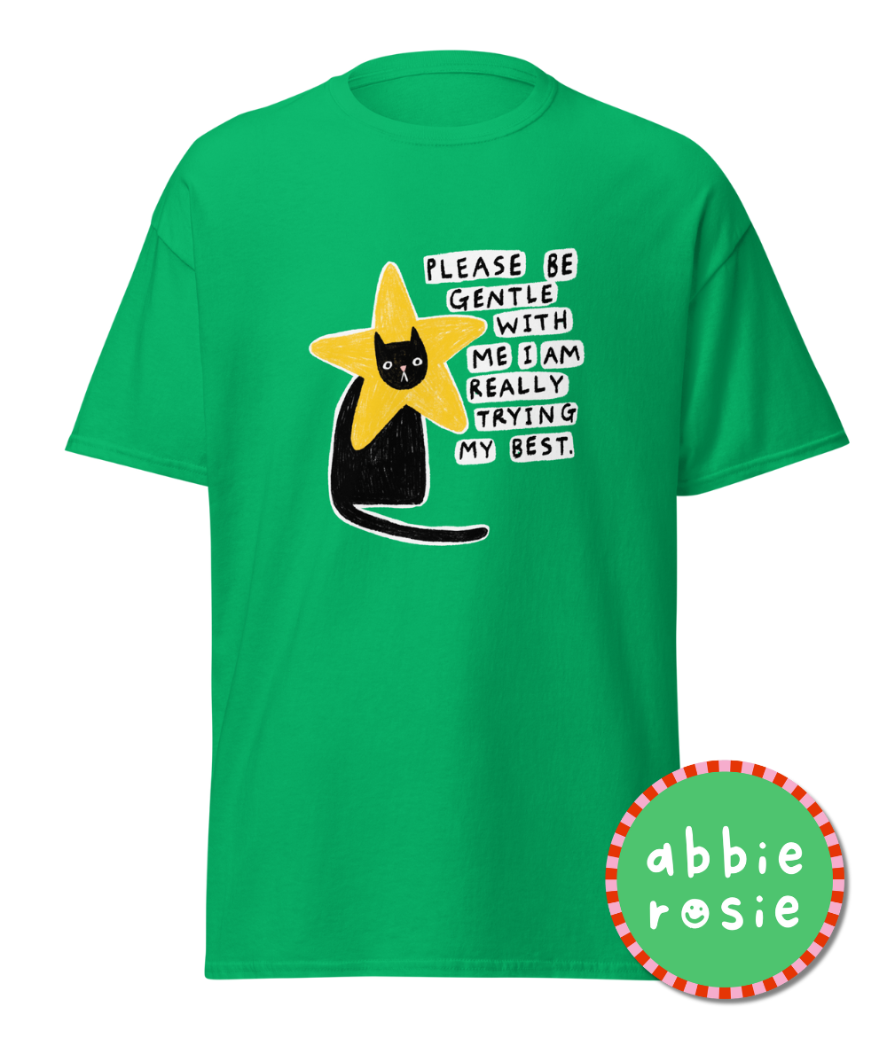 “Please be gentle with me” cat t-shirt by Abbie Rosie | Charity t-shirt for animal lovers