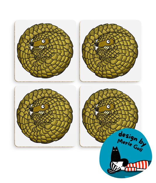 “Help! - Pangolin” by Merle Goll - Pack of 4 Coasters | Support Pangolin Conservation