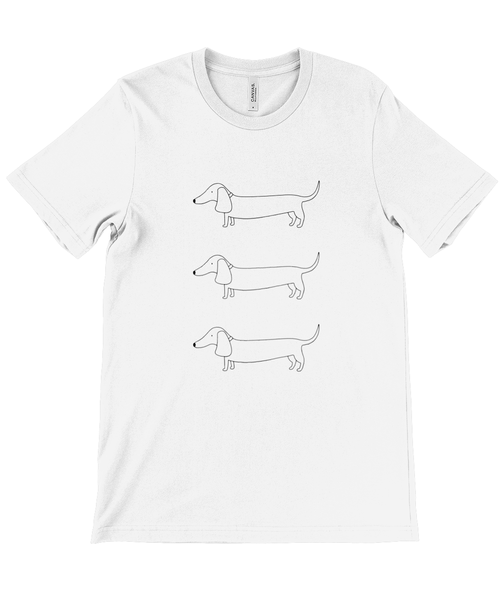 White unisex t-shirt. Design on front shows 3 outline drawings of sausage dogs, in a column one above the other.