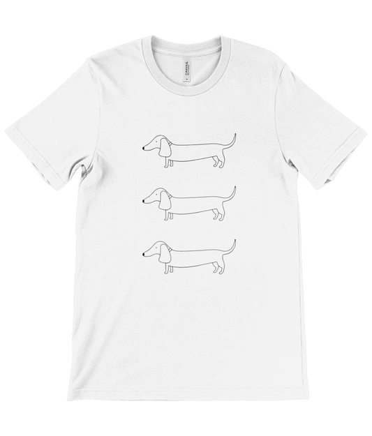 White unisex t-shirt. Design on front shows 3 outline drawings of sausage dogs, in a column one above the other.