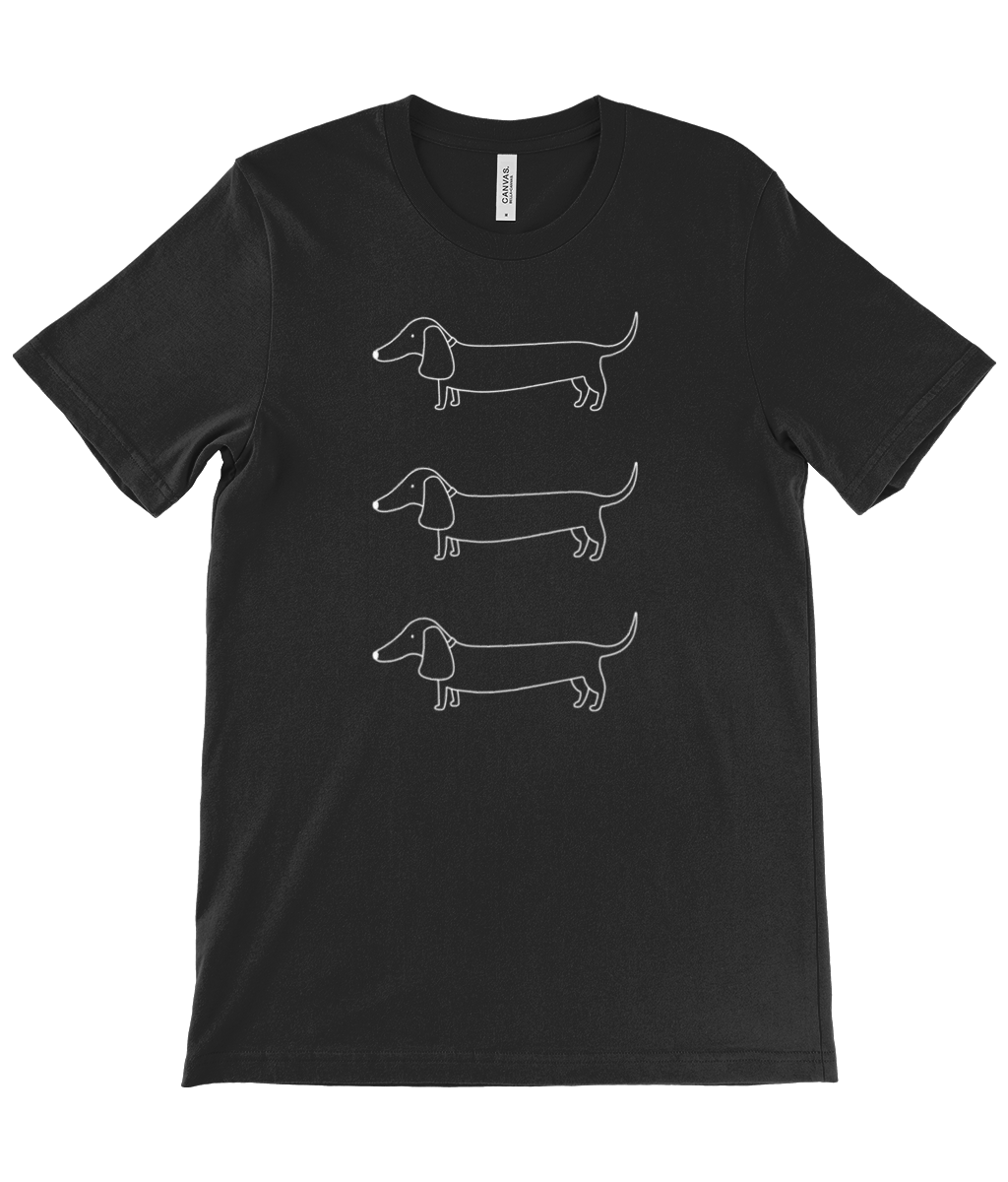Black unisex t-shirt. Design on front shows 3 outline drawings of sausage dogs, in a column one above the other.