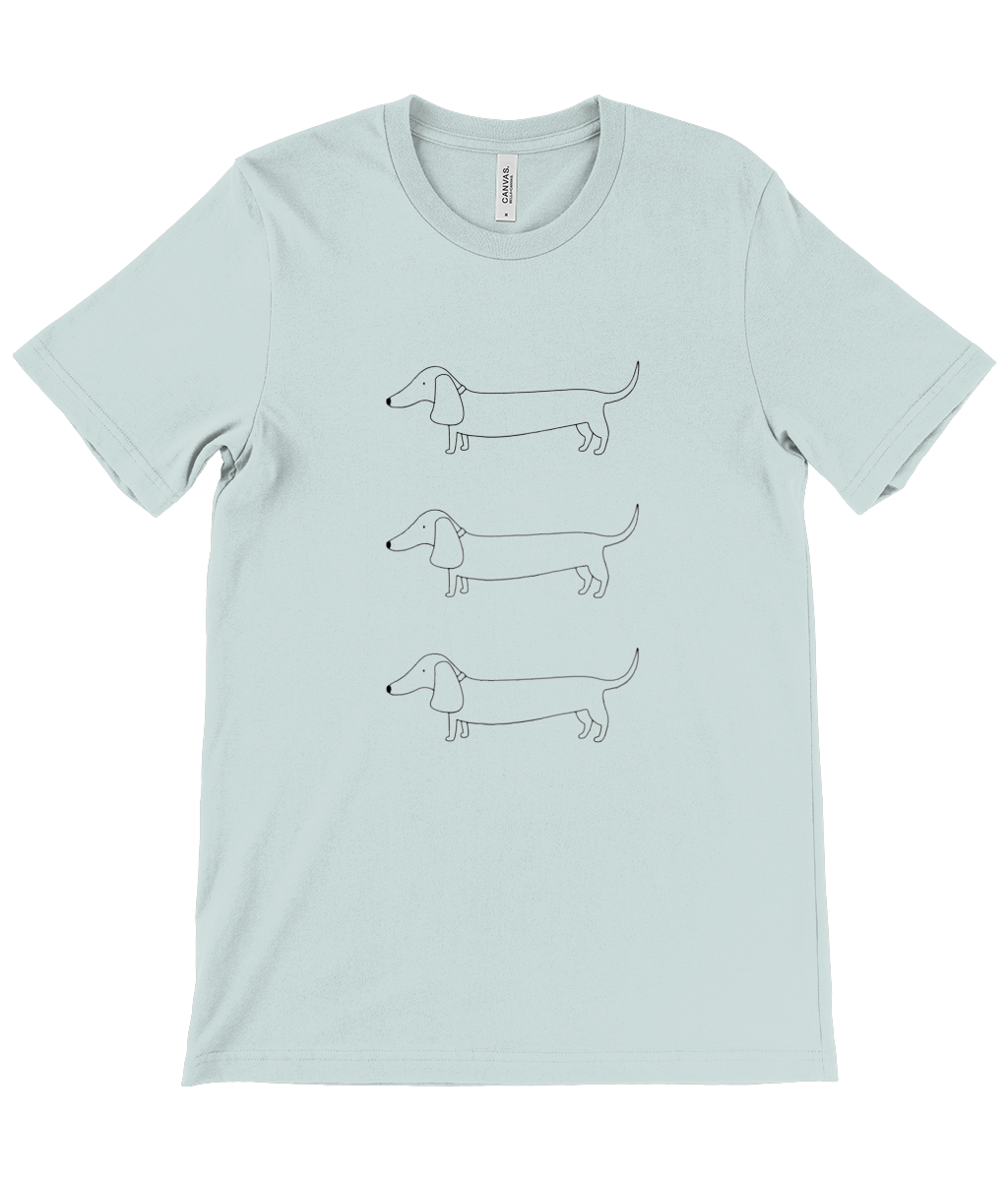 Dusty Blue unisex t-shirt. Design on front shows 3 outline drawings of sausage dogs, in a column one above the other.