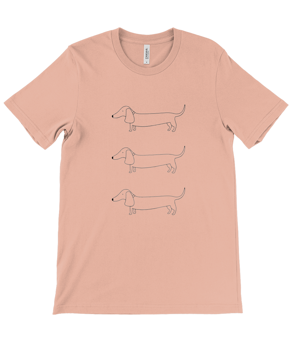 Sunset unisex t-shirt. Design on front shows 3 outline drawings of sausage dogs, in a column one above the other.