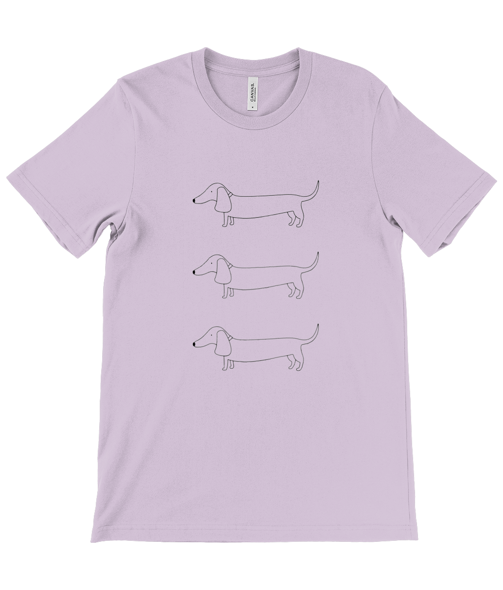 Lilac unisex t-shirt. Design on front shows 3 outline drawings of sausage dogs, in a column one above the other.