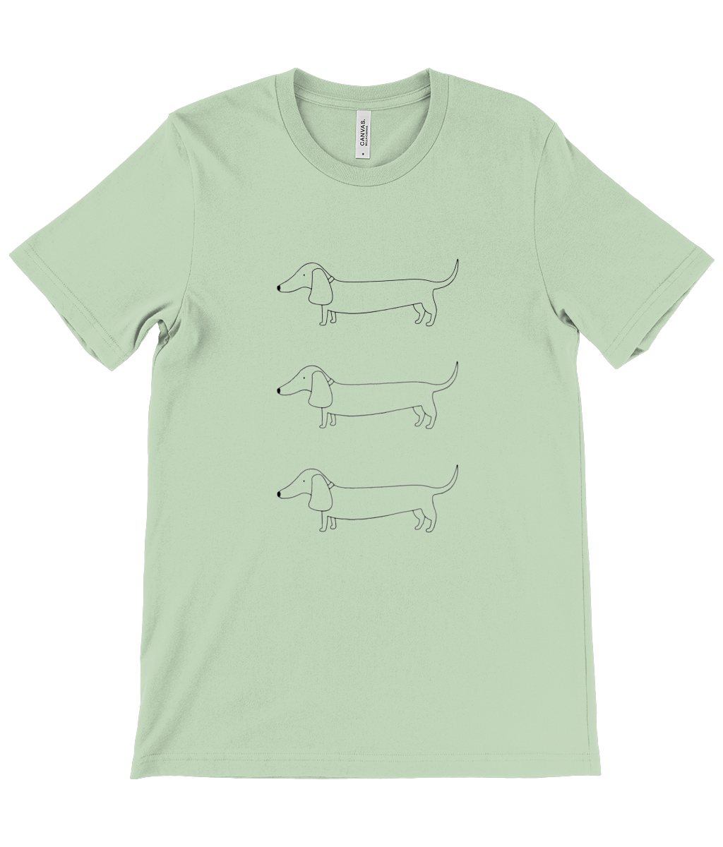 Mint Green unisex t-shirt. Design on front shows 3 outline drawings of sausage dogs, in a column one above the other.